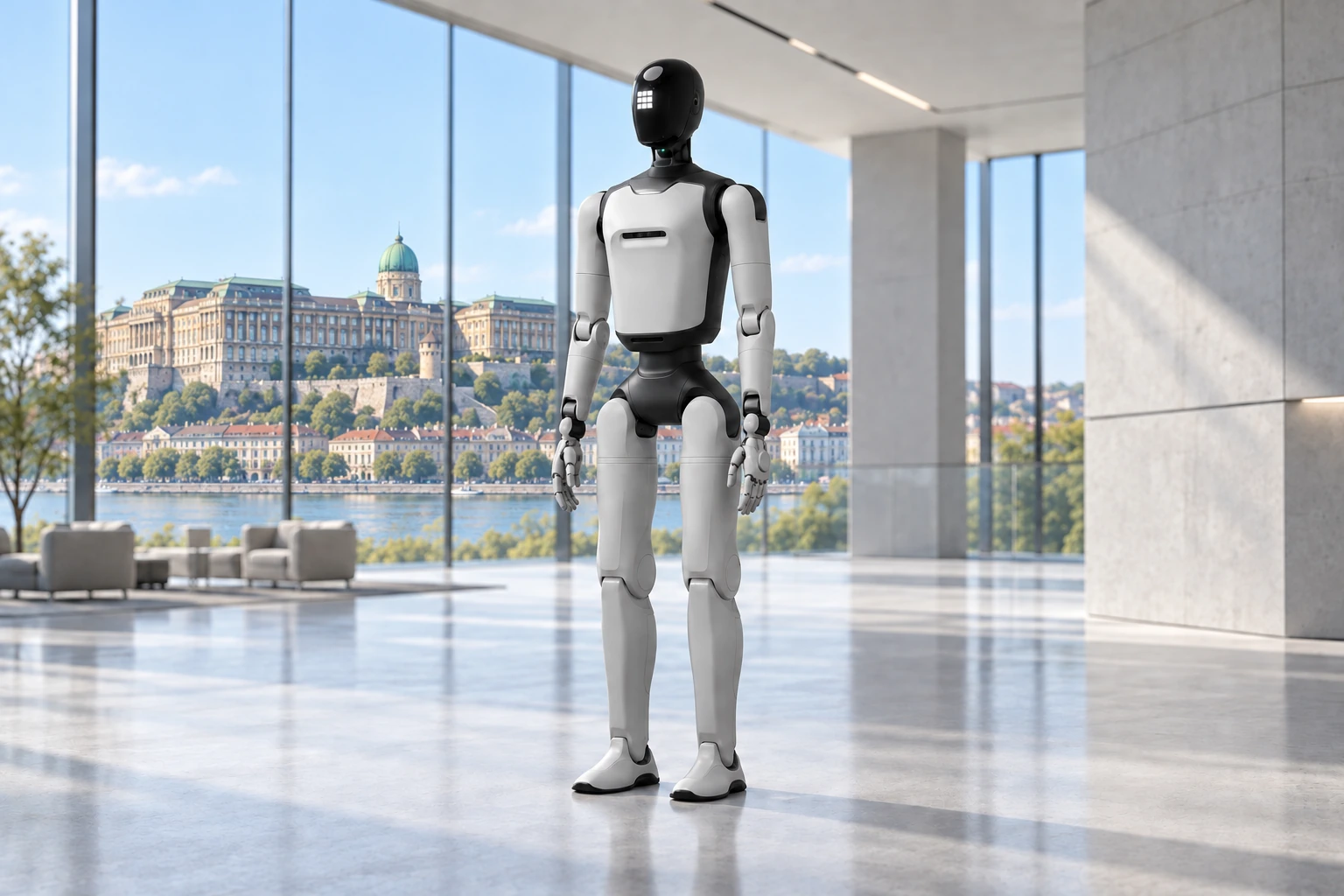 AGIBOT A3 Ultra innovációs központban, a háttérben a Budavári Palotával – illusztráció