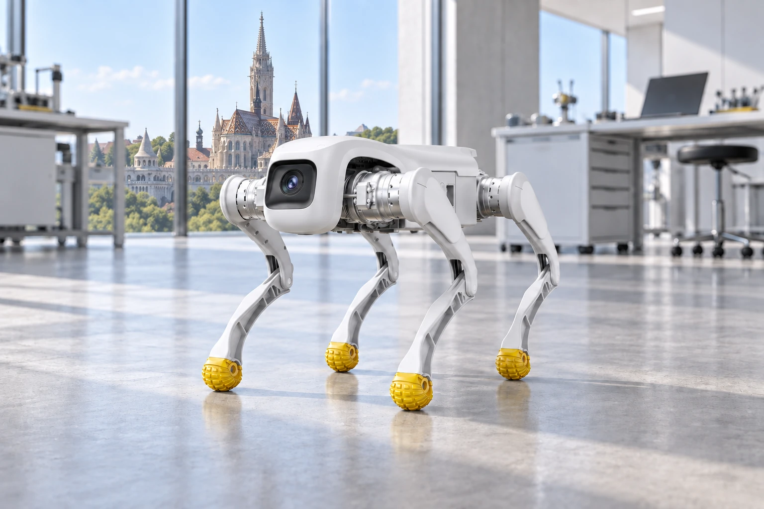 AGIBOT D1 EDU robotikai laborban, kilátással a Halászbástyára – illusztráció