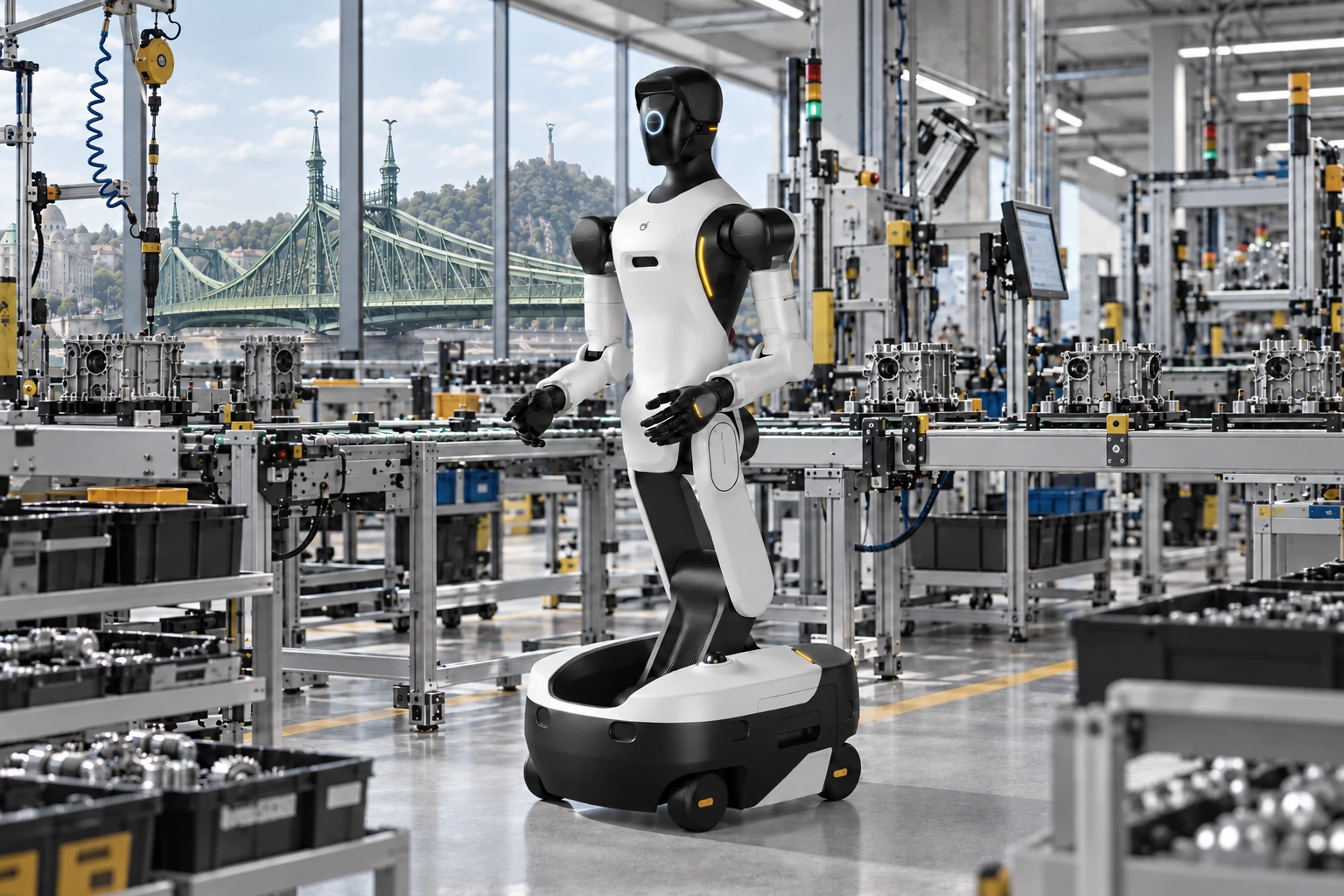 AGIBOT G2 automatizált gyártósoron, a Szabadság híddal a háttérben