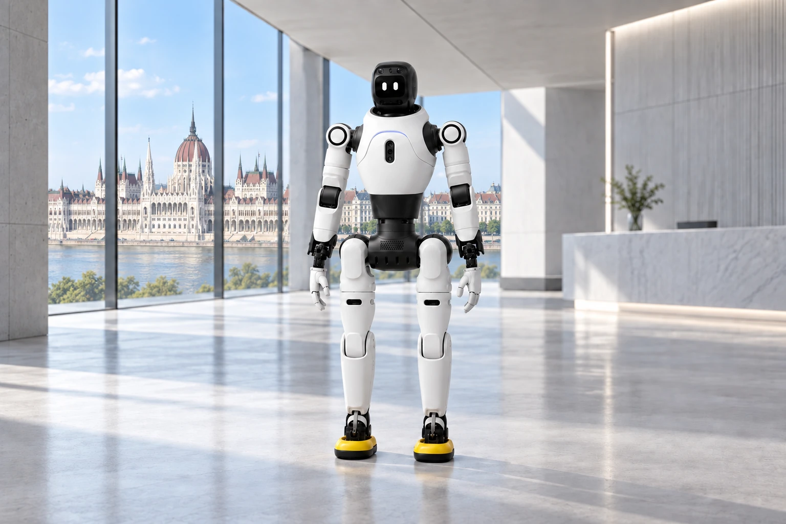 AGIBOT X2 Ultra budapesti bemutatótérben, kilátással a Parlamentre – illusztráció