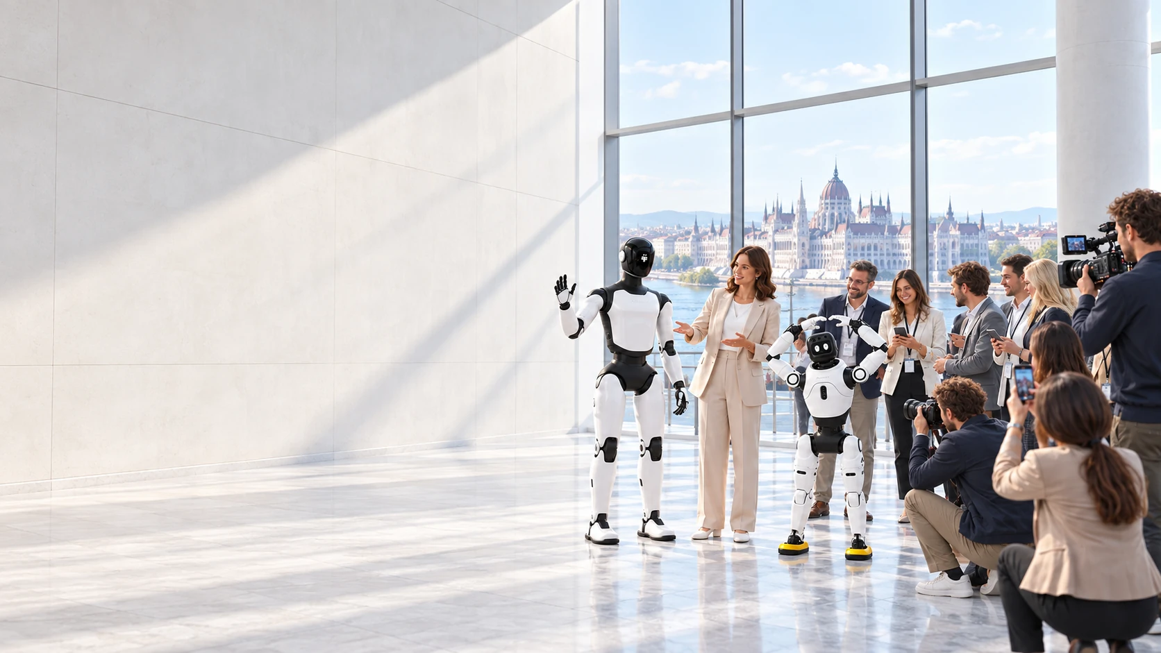 Redakční ilustrace představení robota AGIBOT s publikem a novinářskými kamerami