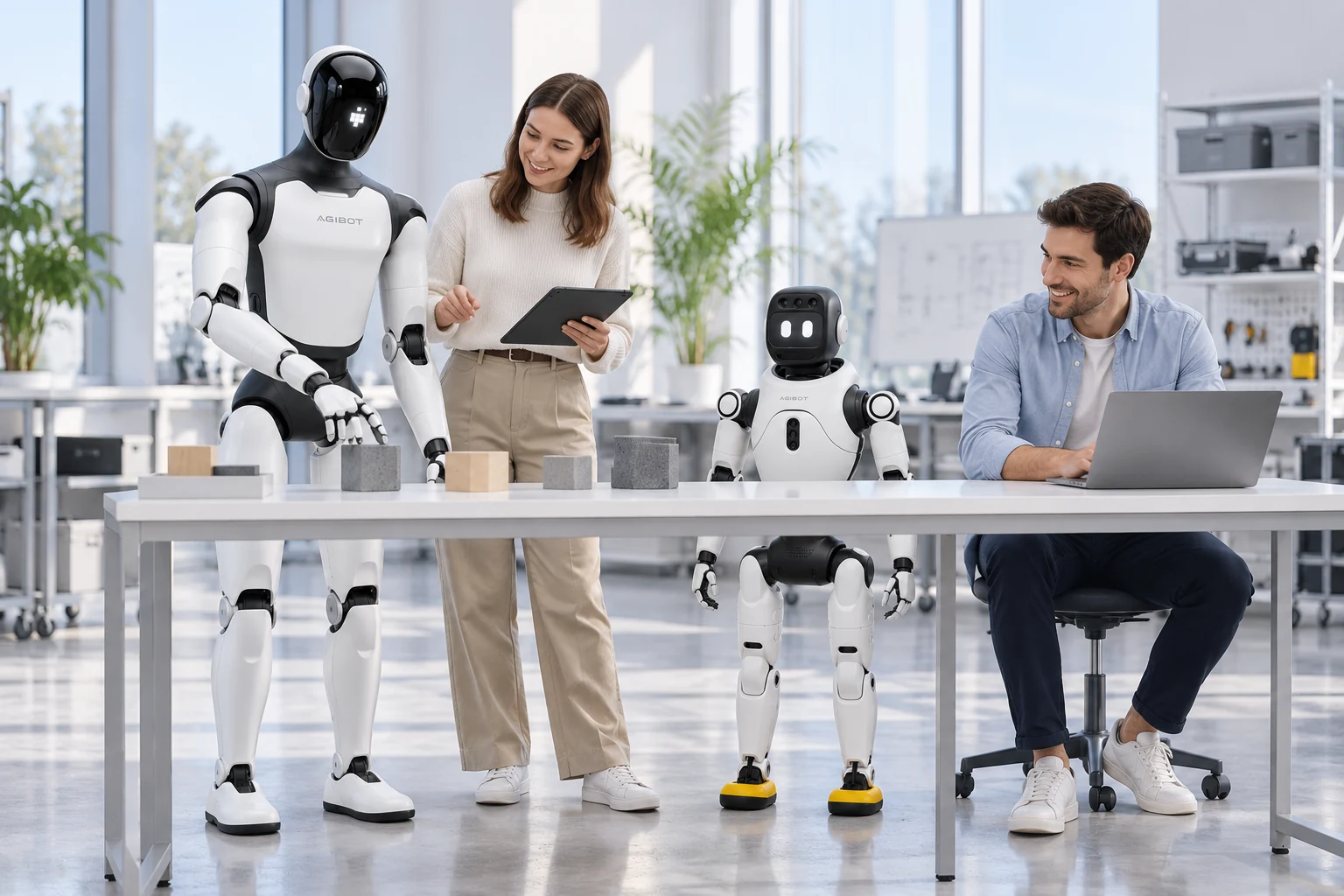 Technici testují aplikaci s humanoidy AGIBOT ve vývojové laboratoři