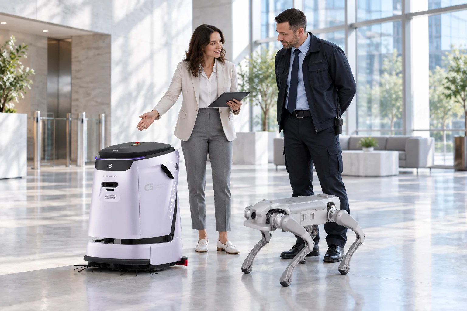 Předvedení úklidového robota C5 a čtyřnohého D1 správci budovy