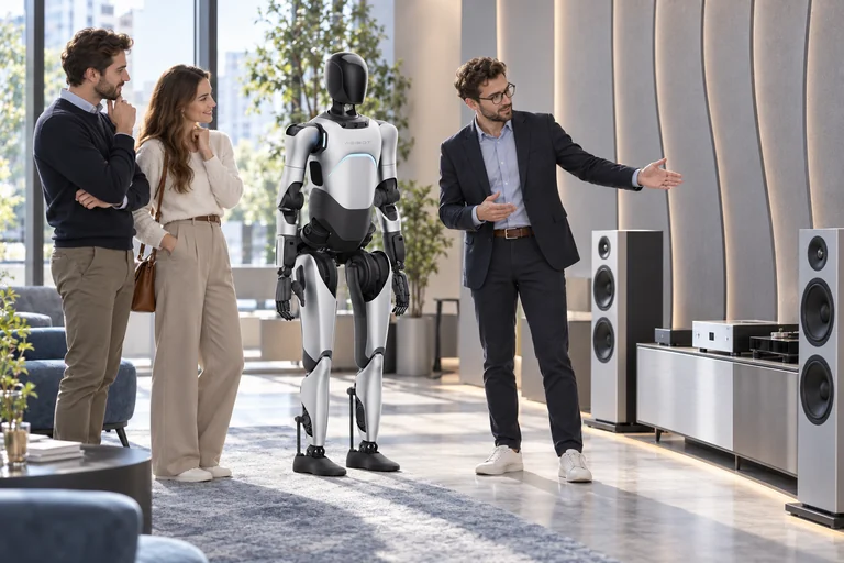 AGIBOT A2 Ultra – Ses sistemleri showroom’unda ürün sunumu