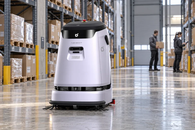AGIBOT C5 – Depo koridoru temizliği