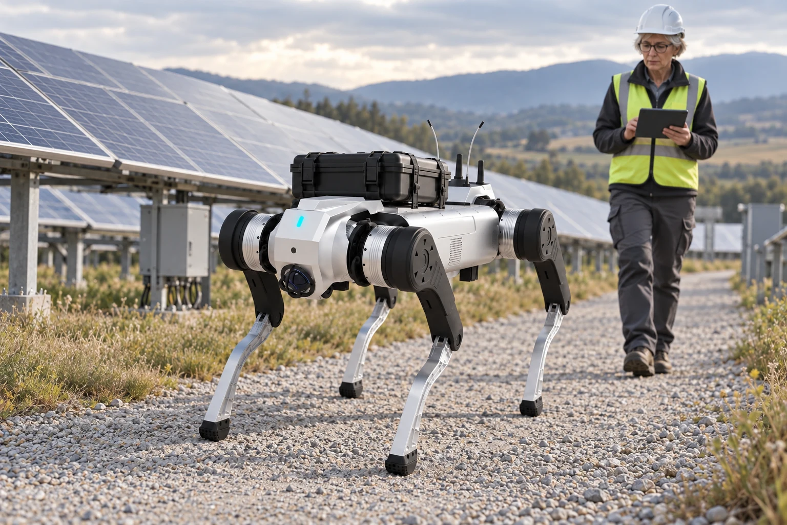 AGIBOT D1 MaxPro – Přeprava vybavení v solární elektrárně