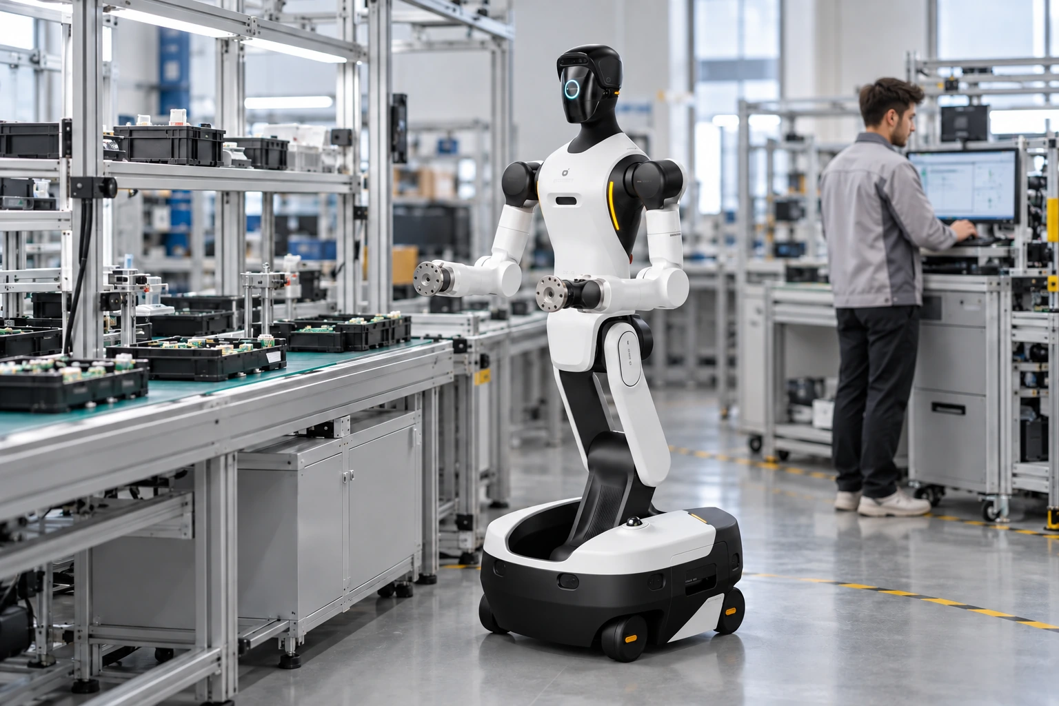 AGIBOT G2 – robotplatform — Robotplatform beillesztése a gyártósorba — felhasználási illusztráció AGIBOT G2 – robotplatform — Robotplatform beillesztése a gyártósorba — felhasználási illusztráció