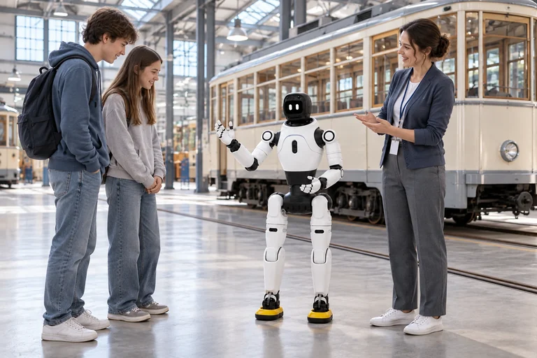AGIBOT X2 Ultra – Médiation technologique lors d’une exposition sur les transports